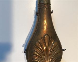 Antique embossed brass gun powder flask