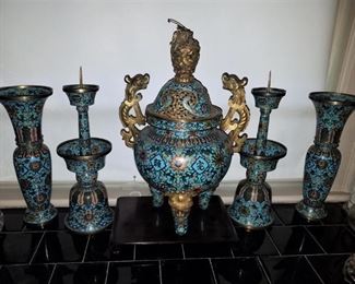 Antique Chinese Cloisonne 5 piece Garniture set 