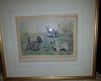 Marguerite Kirmse colored etching titled "Three is a crowd"