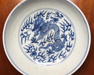 19th century Chinese porcelain dragon dish. Daoguang . One of two. One with old hairline, other perfect.