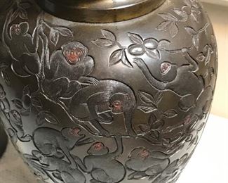 Detail of monkeys on Meiji bronze vases 