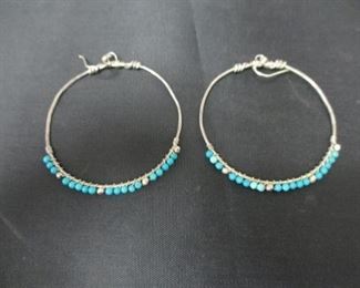 Silver Hoop Earrings with Turquoise Beads