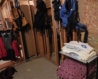Camping gear; vintage quilts