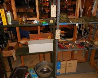 Misc. tools and hardware; shelving units