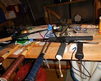 Tennis rackets; fishing rods and reels