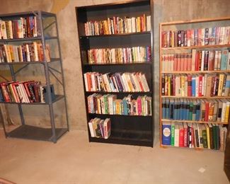 Books; wood bookshelves; metal shelf unit
