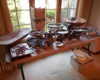 Antique wood bowl; antique scales; misc. décor items