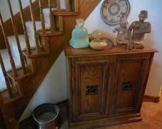 Storage cabinet; 3 pcs Jack Black Navaho pottery; other décor items