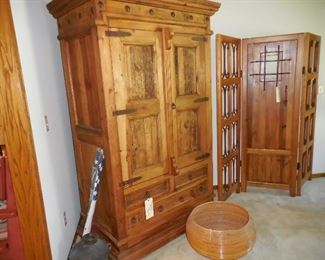 Rustic pine armoire; rustic pine tri-fold screen