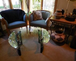 Pair side chairs; round glass-top table; end table; décor items