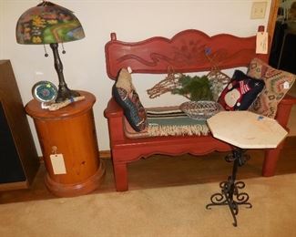 Mexican wood bench; drum end table; Thomas Kinkade lamp