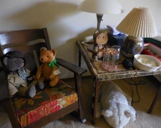Rocking chair; stuffed animals; misc.