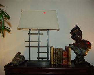 Contemporary metal lamp and porcelain bust of lady