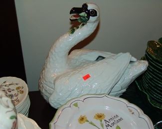 Large Portuguese porcelain swan tureen