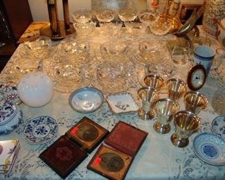 Bacarrat crystal and misc blue and white porcelains, SP Liqours