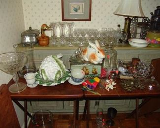Porcelain tureen and glassware and kitchen items