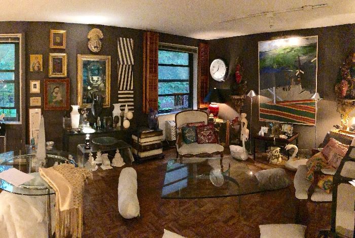 Living room  with art, artifacts, glass coffee table, 2 wide Queen Anne style armchairs, round glass and chrome base valve, much more (Gold framed mirror left is sold)