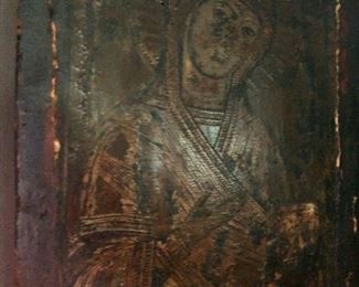 embossed painted leather on wood icon - looks to be sacristy door. Very old