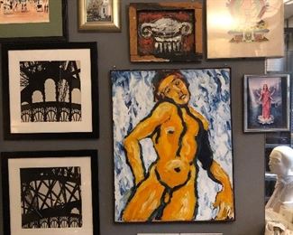 some framed art including nude by Russell Sharon (unsigned)