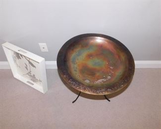 Copper birdbath and floral/aviary serving tray