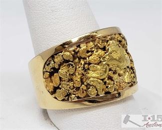 840: 	
14k Gold Nugget Men's Ring, 21.5g
Weighs approx 21.5g, size 13
OS19-017630.63