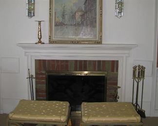 Art, fireplace mantel, benches