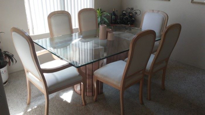 Glass Dining Room Table w/ Marble Pedestal & 6 Upholstered Chairs (Owner paid over $4000)