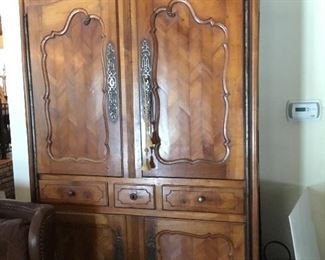 Rare French 19th century Home debout, walnut, 7 chevals (fits a 54”TV) 8’H x 52”W x 22”W
