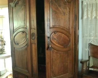 Louis XV Armoire walnut & cherry - Two door with bonnet top .Three shelves, 3 drawers - 8’H x 5’W x 2’D
