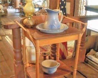 Antique Wash Stand...a size that can fit anywhere.  Just a small sampling of the original Antique Blue and White Stoneware throughout the house.