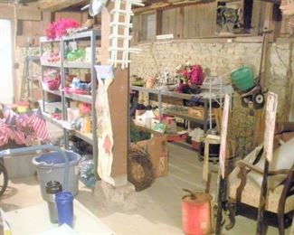 The lower level full of holiday (old & new), furniture, lighting, yard ornaments, wicker furniture, patio and pool furniture, wicker baskets, crocks, folk art, tools and much more.