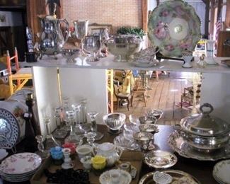 Hand Painted China, RS Prussia, Limoges, Silver and Silverplate...just a sampling pictured...look under the tables, on the walls and in the cabinets.