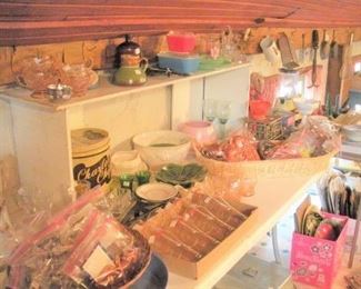 Lots of tables full of Depression Era, Pyrex, Fireking, Jadite, China, Glassware, Pots, Pans and Kitchen supplies and Appliances.