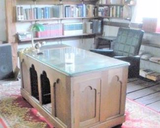 Wonderful large antique Walnut Desk with 2 Locking Doors on either end...I applaud the owner for having a glass top made to help protect the top.