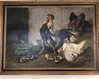 Original Charles Verlat (Belgian 1824-1890) oil on canvas panel painting of rooster and hens, signed and dated 1859