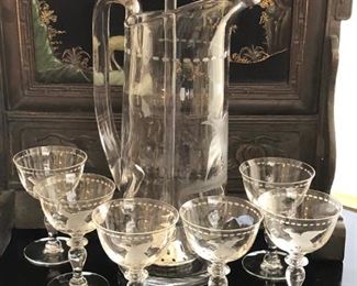 Rare 1920s Hawkes crystal cocktail set with etched phoenix motifs and stirrer with sterling silver mounts