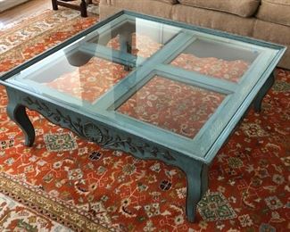 French painted glass top coffee table