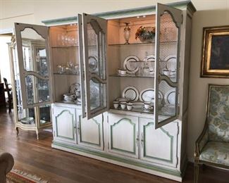 Country French painted china cabinet with wired glass doors and interior lighting