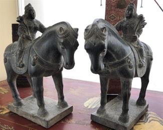 Pair of Chinese carved hardstone Tang style horses and riders