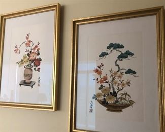 Vintage Chinese watercolor floral still life paintings, artist signed