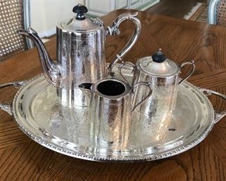 Vintage English silver-plate 3-piece coffee service and footed tray with engraved Chinese motifs