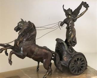 Sculpture of Nike of Samothrace and Chariot, mounted on onyx base, dated 1953