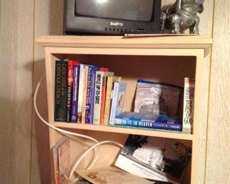 Sanyo small tv with remote, Robo dog, books, Arris HDMI, cards, Vintage Immaculate Conception church picture