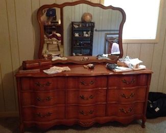 Beautiful French provincial dresser and mirror, vintage wooden chest, vintage hankies, part of an old Jewlery box,  vintage ladies electric razor