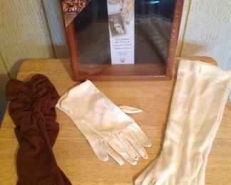 Vintage gloves, shadow box and folding tv tray