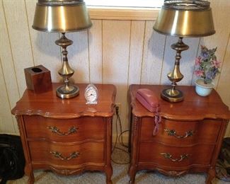 French provincial night stands, two matching brass lamps, tissue holder, crystal clock, vintage princess phone, arrangement