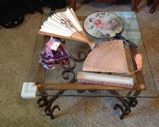 One of a pair of side table - glasss with iron base, vintage fans