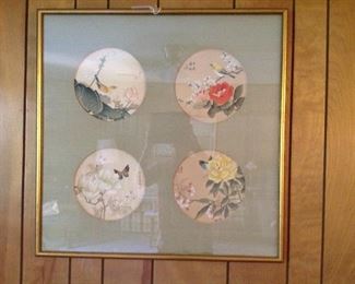Oriental styled floral prints matted and framed