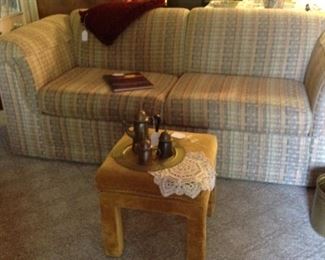 Drexel foot stool, croucheted doily, vintage brass tray and teapot with creamer and sugar