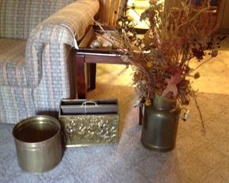 Brass items including English brass and wood magazine holder,
